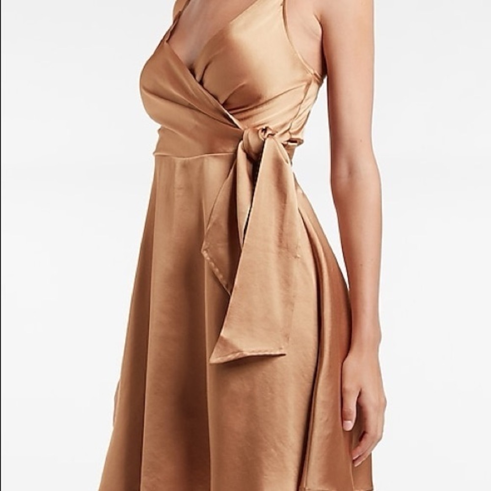 Express Gold Brown Satin Tie-Waist Mini Dress Sundress Resortwear Vacation XS - Picture 2 of 8